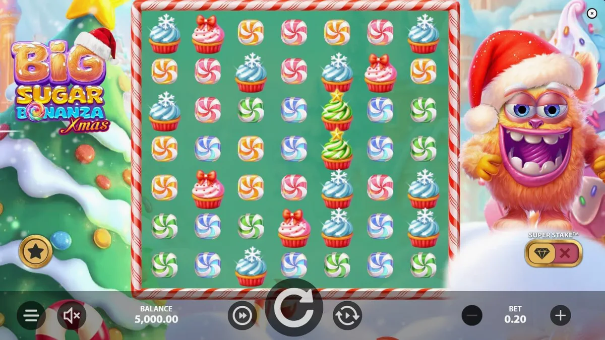 Tela de jogo do slot Big Sugar Bonanza Xmas com monstros fofos e doces natalinos